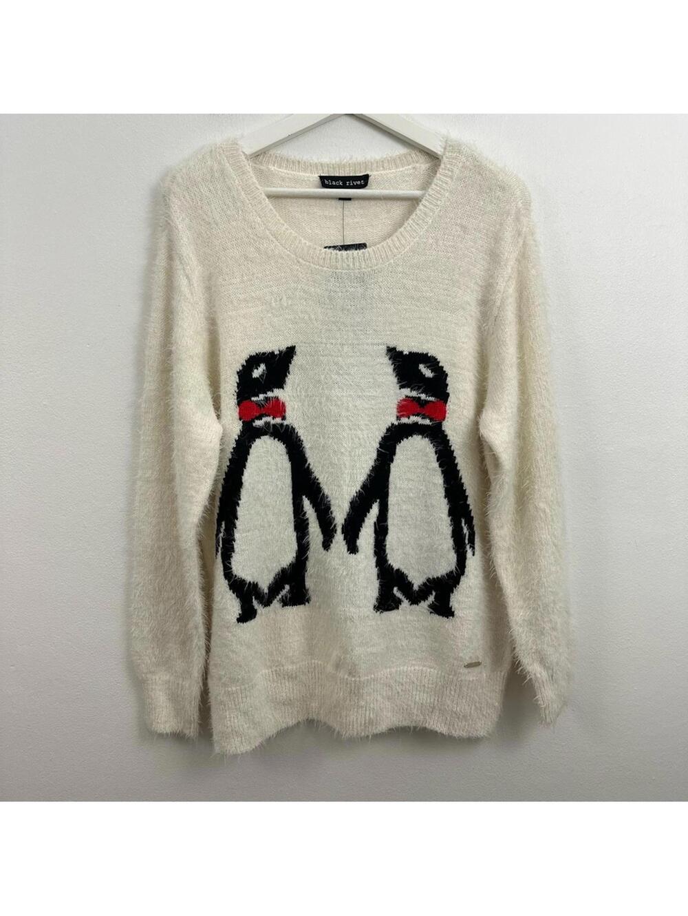 New Black Rivet Women's Fuzzy Peguin Holding Hands Sweater Size L